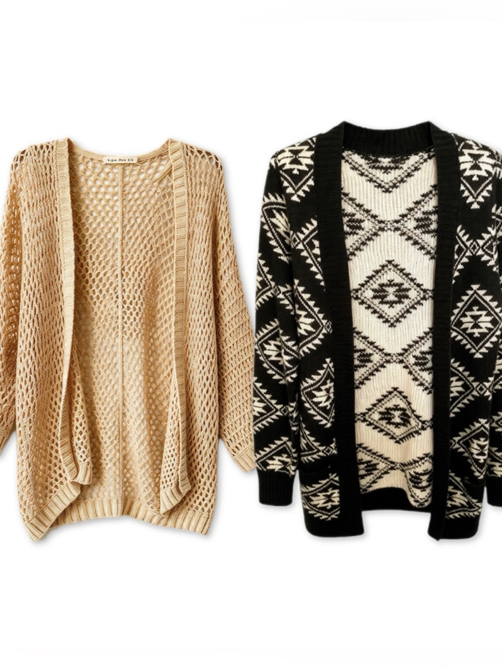 Boho Cardigan Bundle Set of 2 - Southwestern Knit & Beige Mesh Sweater (M)